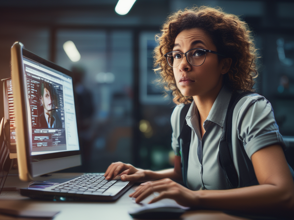 Imagen generada por inteligencia artificial que representa una mujer en su computadora asustada por recibir un ciberataque.