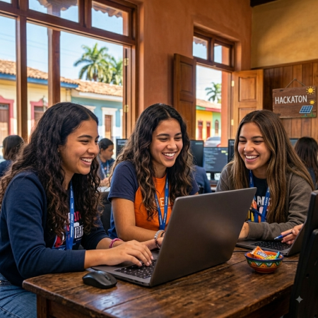 Chicas adolescentes trabajando en computadora