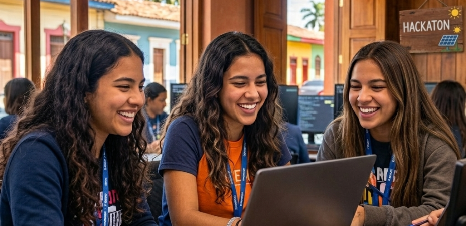 Chicas adolescentes trabajando en computadora